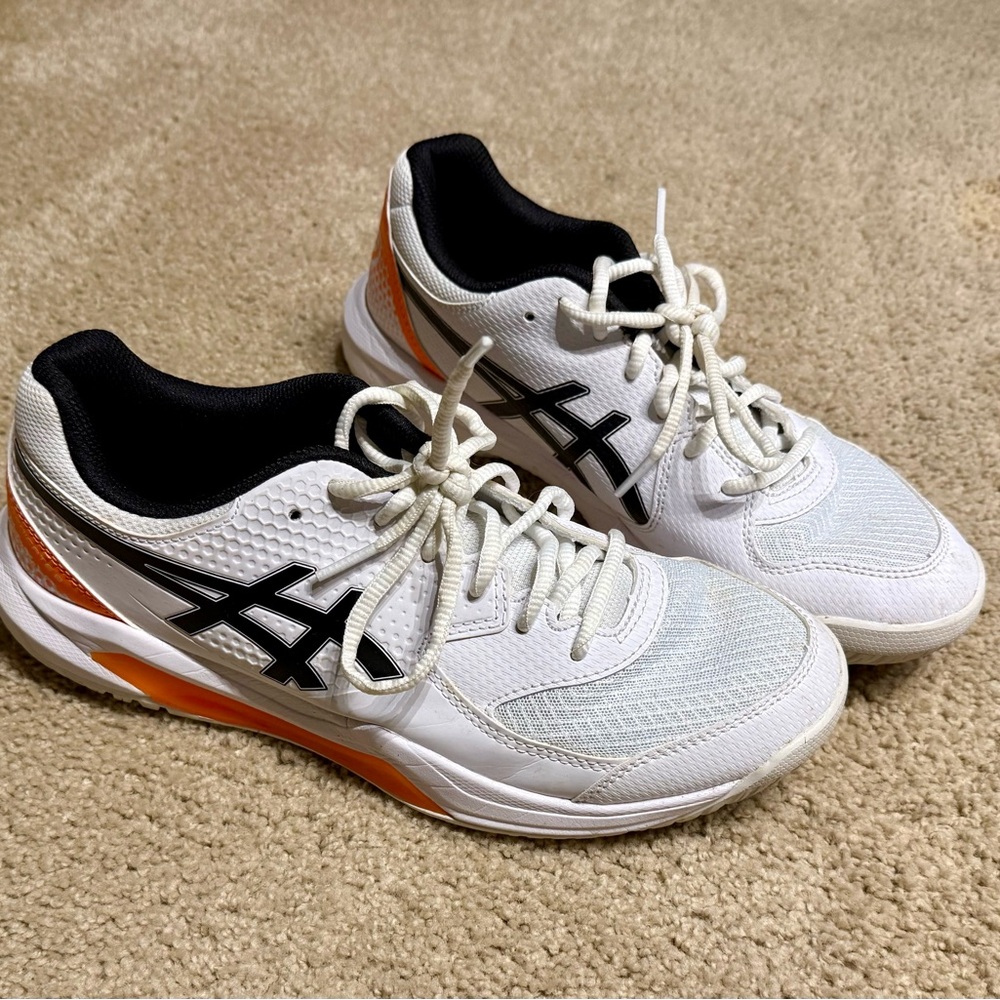ASICS Men's White and Black Athletic Shoes with Orange Accents- Pickleball Shoes